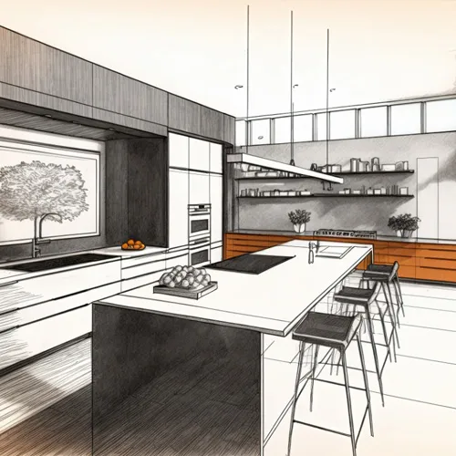 Kitchen design drawing partly rendered in colour, showing an island with bar seating and tall cabinetry