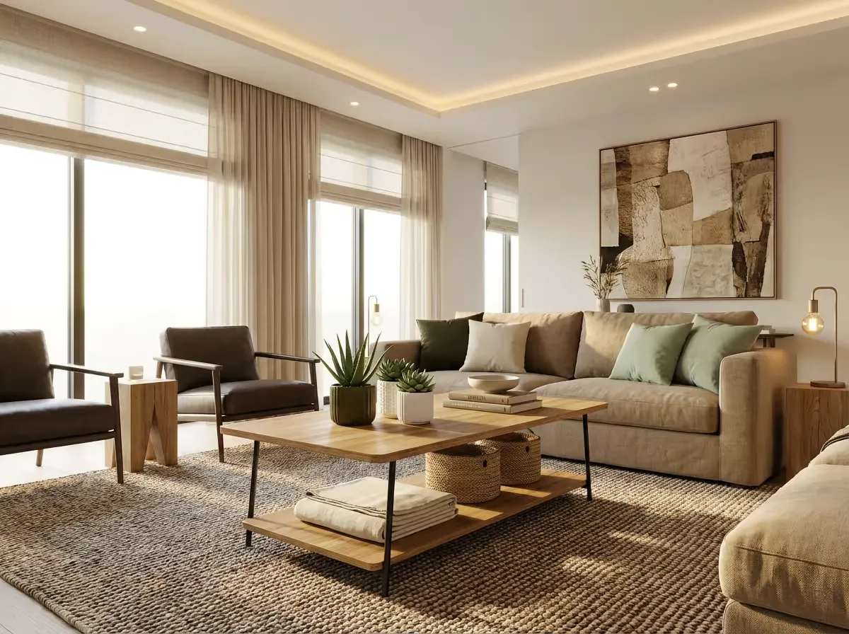 Solid wood coffee table with a lower shelf on a black steel frame, in front of a linen sofa
