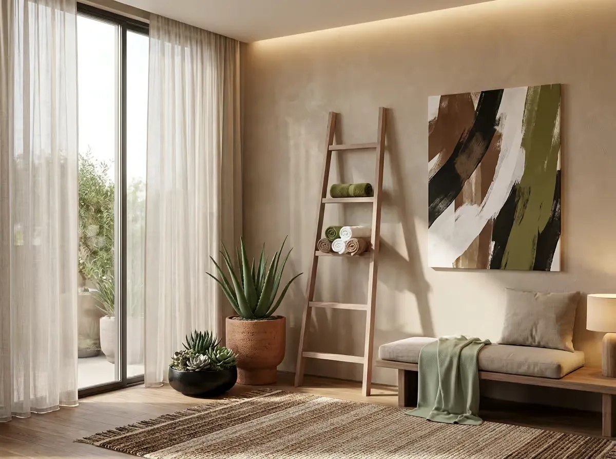 Wooden decor ladder leaning against a wall, used to hang towels and throws