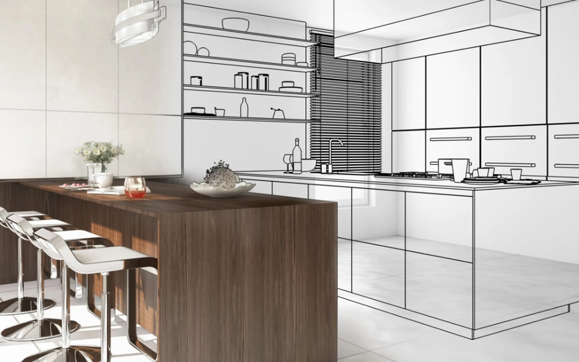 Kitchen shown half as a line drawing and half as the finished room, with a timber breakfast bar and white cabinetry