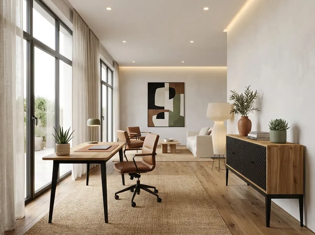 Solid wood desk with steel legs and a matching low cabinet with black doors in an open-plan home office