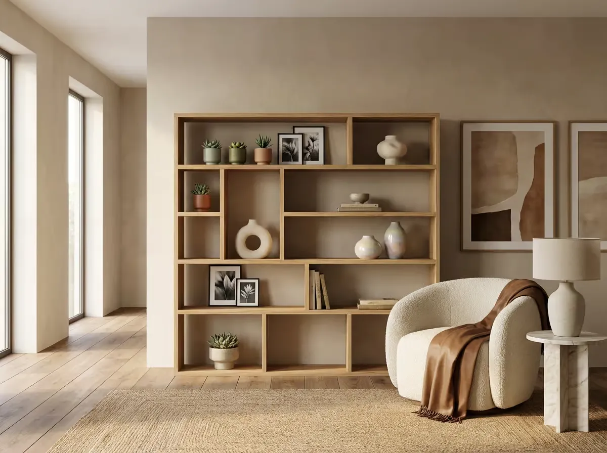 Freestanding solid wood display shelf with staggered open compartments holding books and ceramics