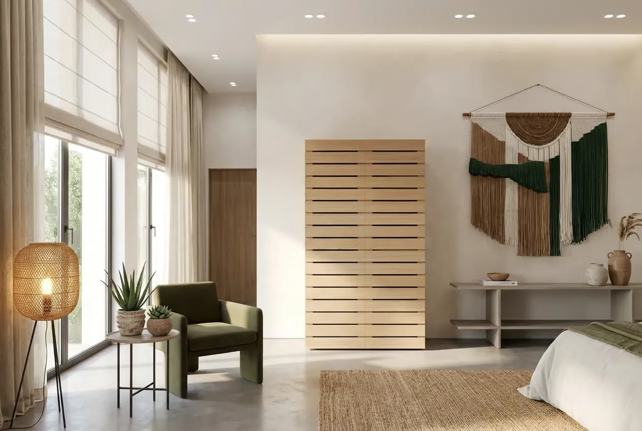 Freestanding solid wood wardrobe with horizontal slatted doors in a bedroom