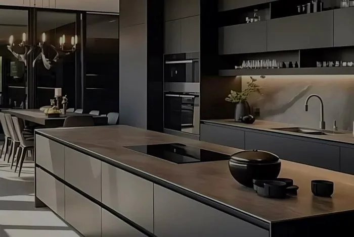 Graphite kitchen with a long cooking island, built-in ovens and lit open shelving