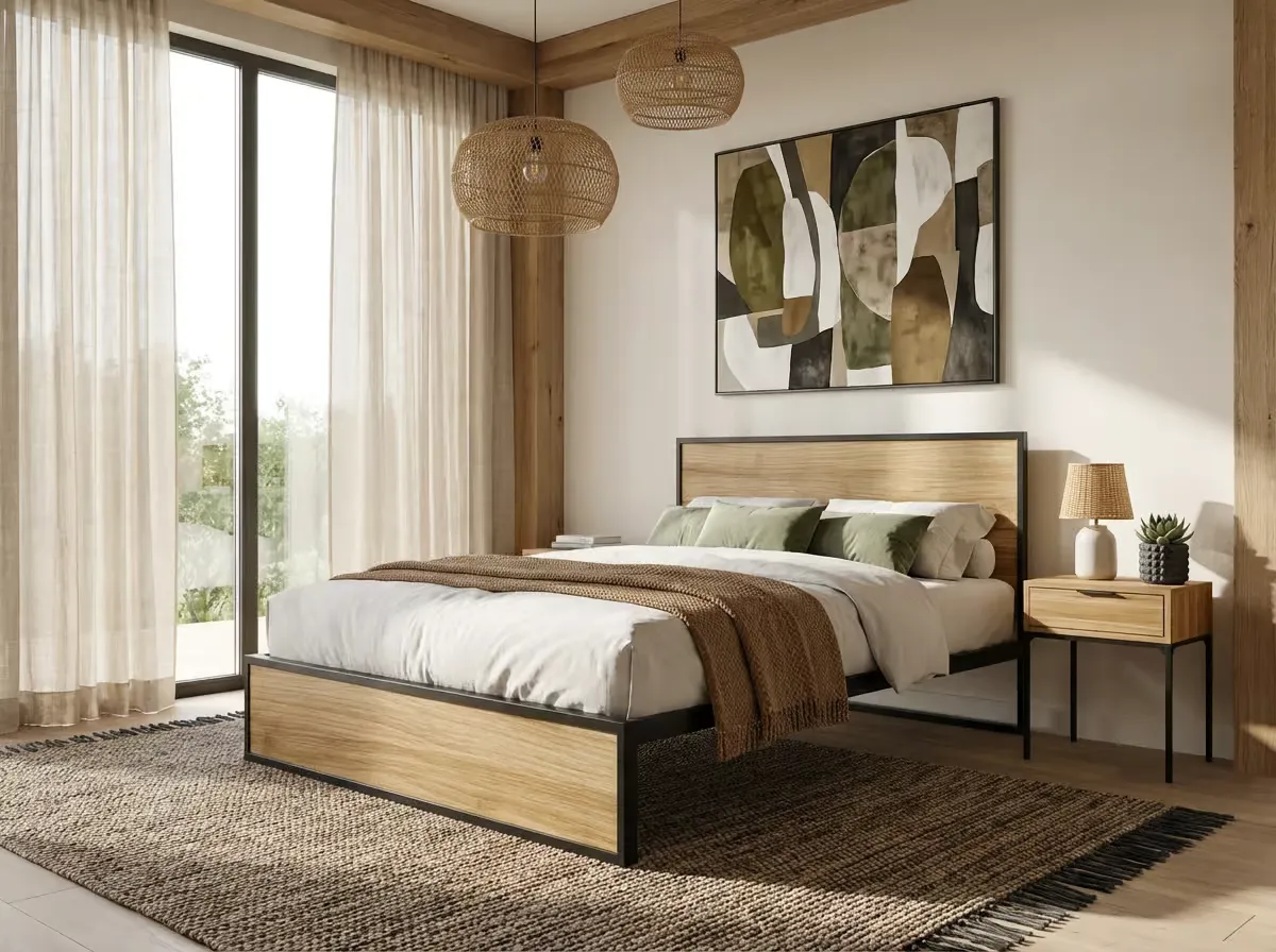 Industrial-style double bed with a timber headboard and footboard in a black steel frame, beside a matching pedestal