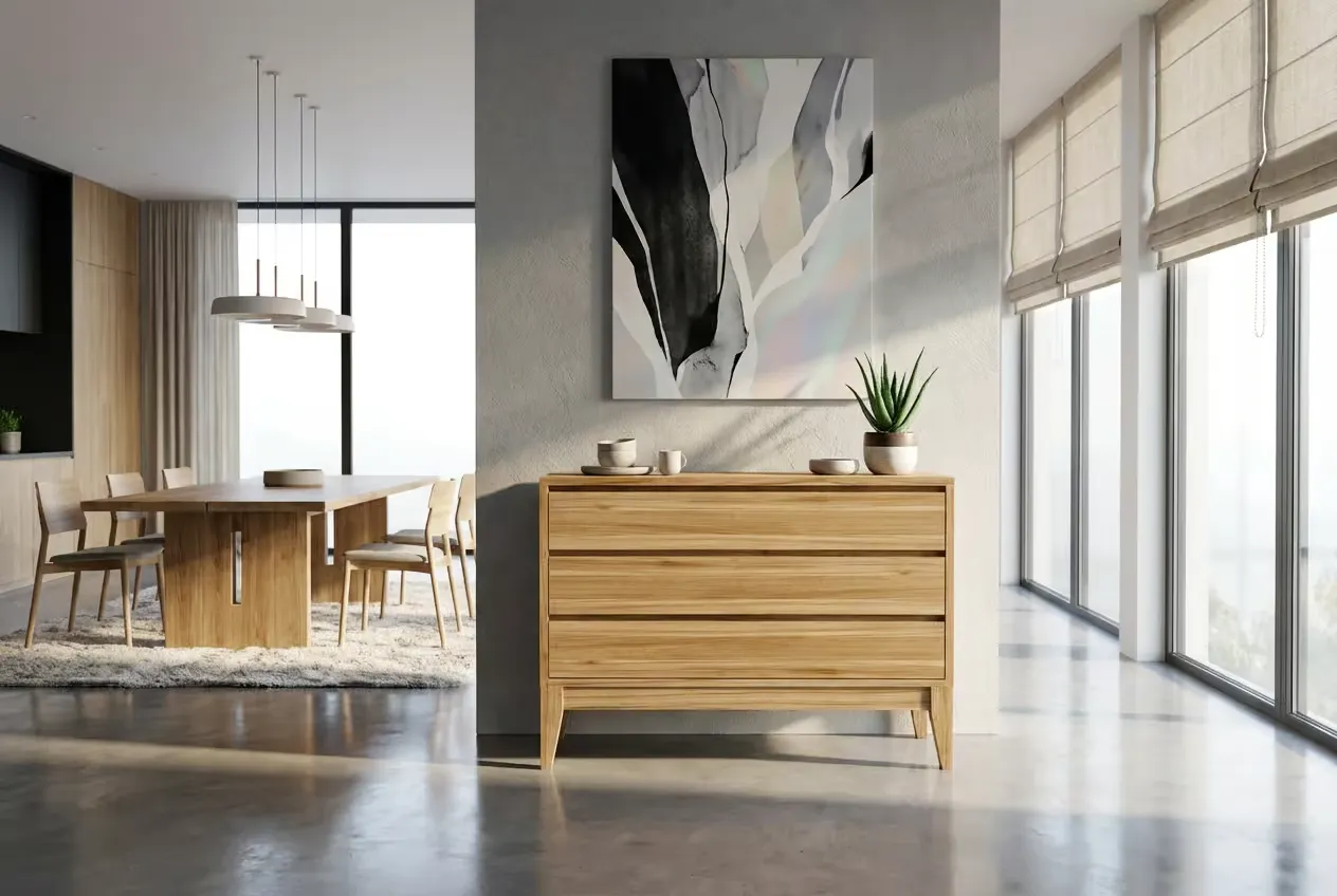 Laila solid wood chest of drawers on tapered legs against a concrete-grey wall