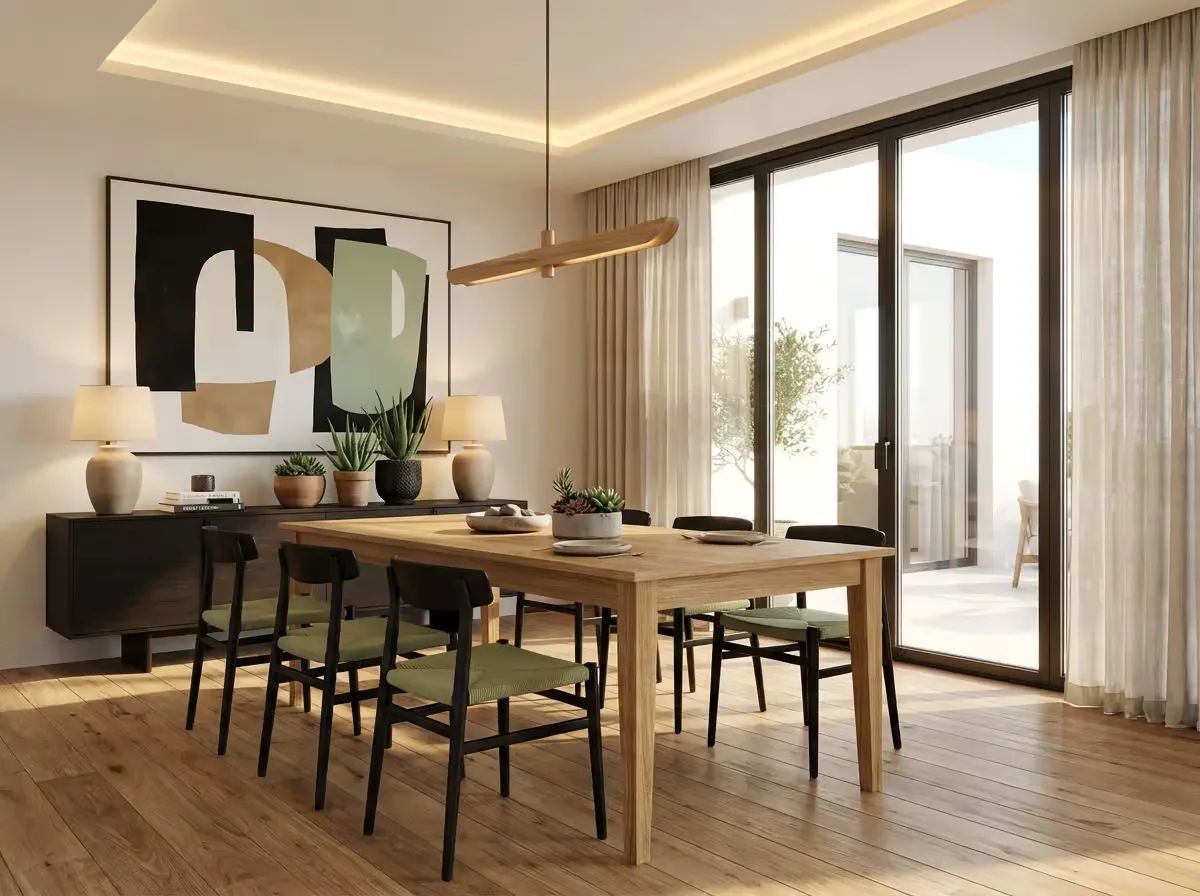 Laila solid wood dining table with tapered legs, set with black dining chairs in a bright room
