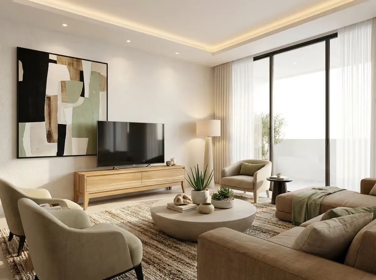 Laila solid wood TV unit with drawers beneath a wall-mounted television in a living room