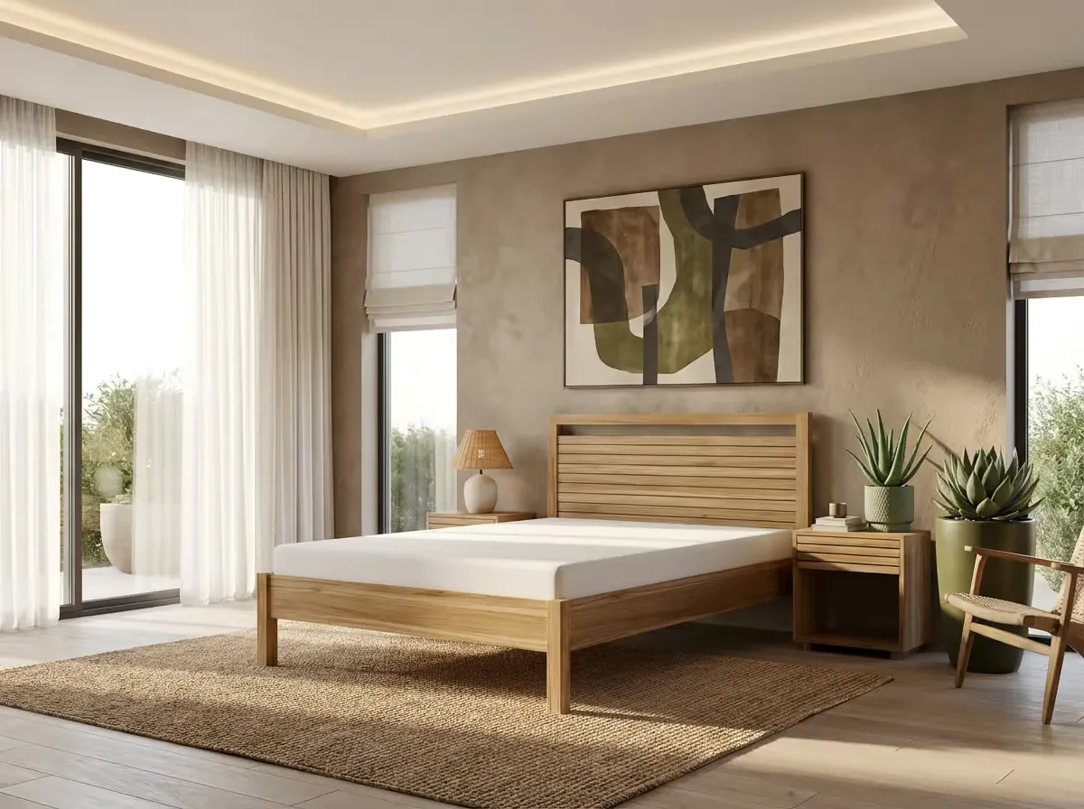 Selena solid wood double bed with a slatted headboard and a matching two-drawer bedside pedestal