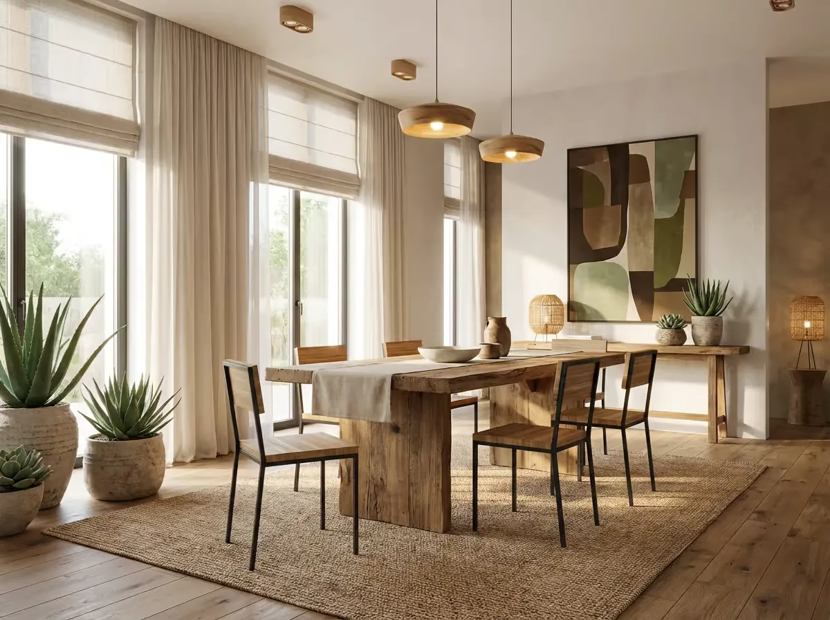 Steel-and-wood dining chairs around a solid timber dining table under woven pendant lights