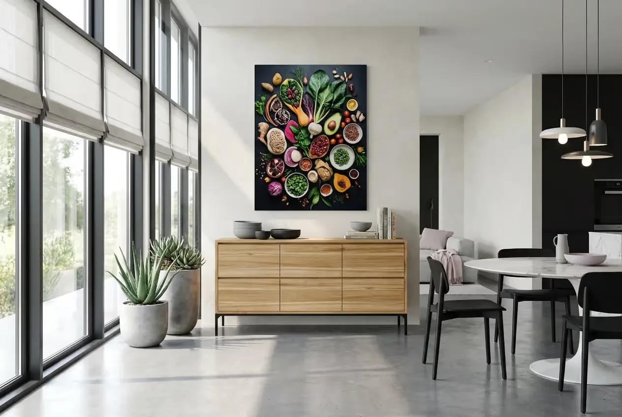 Long solid wood storage drawer unit with a row of drawers in an open-plan dining space